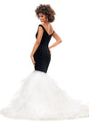 Back. Black/Ivory ASHLEYlauren 11312 off shoulder velvet gown featuring a princess-seamed bodice, asymmetric organza ruffle fit and flare skirt, cascading crystal accents, and a sweep train for a dramatic and elegant look.