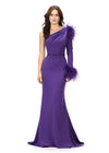 Black Orchid ASHLEYlauren 11131 One-Shoulder Scuba Gown with Feather Details, Heat-Set Stones, Crystal Belt, and Elegant Train