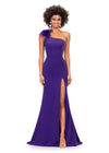 ASHLEYlauren 11290 | Orchid one shoulder gown crafted from scuba fabric, featuring feather accents at the neckline and cascading heat set stones. The left leg slit enhances the silhouette with added movement.