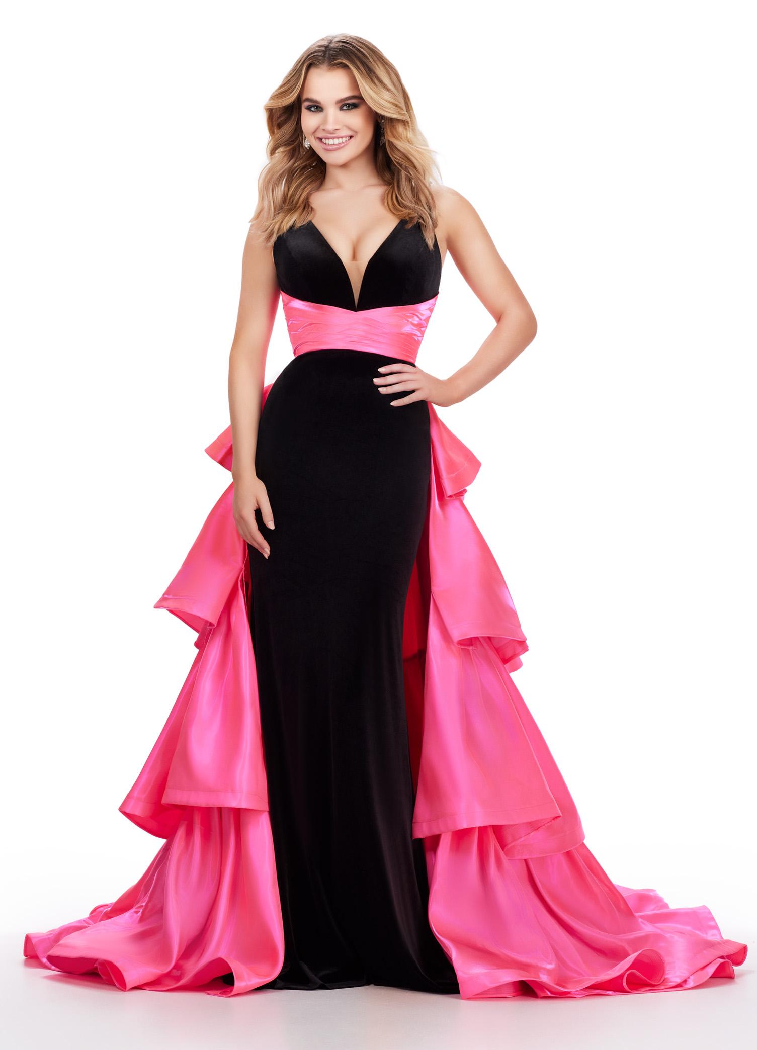 Black/Pink ASHLEYlauren 11643 Velvet Gown with Illusion V-Neckline, Satin Belt, Ruffled Heavy Satin Overskirt, and Velvet Column Skirt