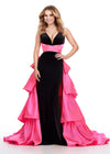 Black/Pink ASHLEYlauren 11643 Velvet Gown with Illusion V-Neckline, Satin Belt, Ruffled Heavy Satin Overskirt, and Velvet Column Skirt