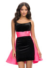 Black/Pink ASHLEYlauren 4734 strapless stretch velvet cocktail dress featuring a fitted skirt, satin wrap belt, and an A-line satin overskirt for an elegant and sophisticated look.