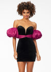Black/Raspberry ASHLEYlauren 4559 elegant strapless velvet cocktail dress featuring a sweetheart V-neckline, taffeta wrapped waistline, detachable puff sleeves, and a fitted skirt for a sophisticated and statement-making look.