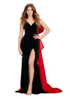 Black/Red ASHLEYlauren 11527 Velvet Gown with V-Neckline, Open Back, Satin Bow Detail, and Fitted Skirt with Sweep Train