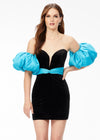 Black/Turquoise ASHLEYlauren 4559 elegant strapless velvet cocktail dress featuring a sweetheart V-neckline, taffeta wrapped waistline, detachable puff sleeves, and a fitted skirt for a sophisticated and statement-making look.