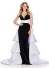 Black/White ASHLEYlauren 11643 Velvet Gown with Illusion V-Neckline, Satin Belt, Ruffled Heavy Satin Overskirt, and Velvet Column Skirt