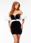 Black/White ASHLEYlauren 4559 elegant strapless velvet cocktail dress featuring a sweetheart V-neckline, taffeta wrapped waistline, detachable puff sleeves, and a fitted skirt for a sophisticated and statement-making look.
