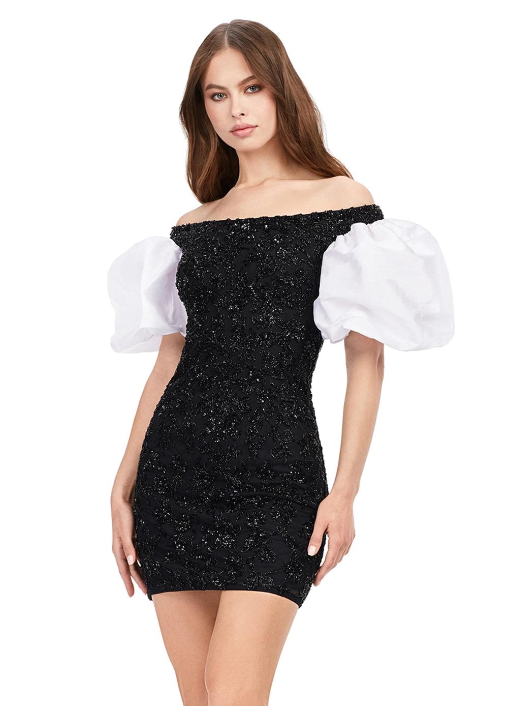 Black/White ASHLEYlauren 4609 off shoulder gown featuring taffeta puff sleeves, intricate beading throughout, and a fitted skirt for an elegant and timeless look.