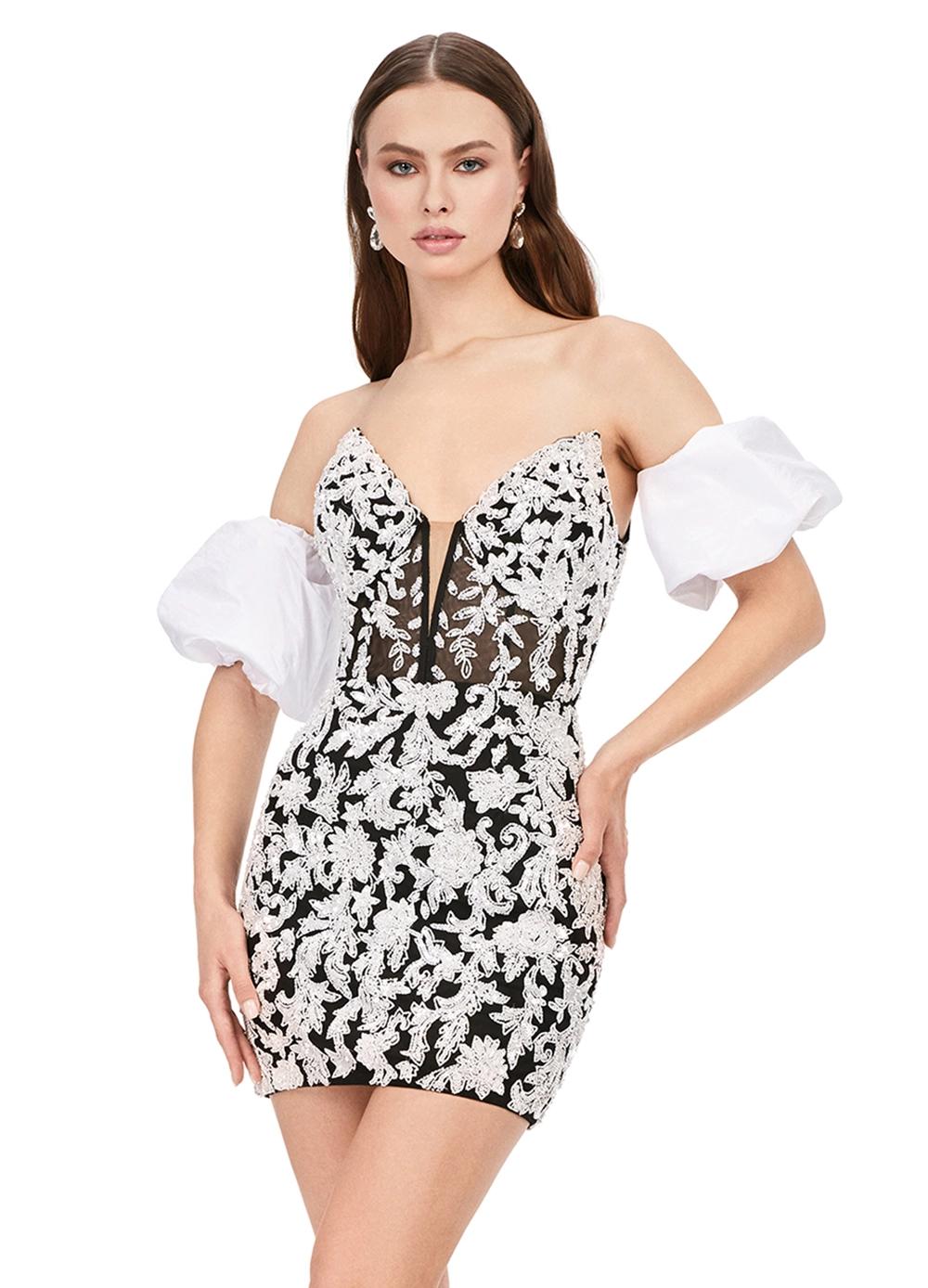 Black/White ASHLEYlauren 4614 fully beaded cocktail dress featuring a strapless corset bustier, intricate beadwork, and dramatic taffeta puff sleeves for an elegant and standout look.