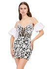Black/White ASHLEYlauren 4614 fully beaded cocktail dress featuring a strapless corset bustier, intricate beadwork, and dramatic taffeta puff sleeves for an elegant and standout look.