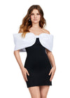 Black/White ASHLEYlauren 4640 off shoulder scuba cocktail dress featuring oversized bow details, off shoulder straps, and a fitted skirt for a chic and elegant look.