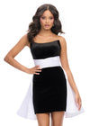 Black/White ASHLEYlauren 4734 strapless stretch velvet cocktail dress featuring a fitted skirt, satin wrap belt, and an A-line satin overskirt for an elegant and sophisticated look.