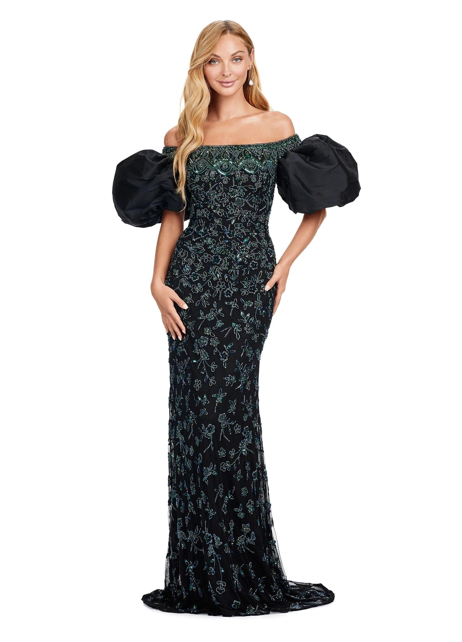 slim fit dress slacks Most Popular Hunter Green Off shoulders Long Prom Dress with Black appliques main image 1