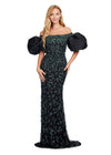 Black/green ASHLEYlauren 11432 fully beaded gown featuring an off-shoulder neckline and glamorous taffeta puff sleeves for an elegant and statement-making look.