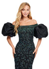 Black/green ASHLEYlauren 11432 fully beaded gown featuring an off-shoulder neckline and glamorous taffeta puff sleeves for an elegant and statement-making look.