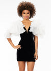 Black/white ASHLEYlauren 4529 fitted velvet cocktail dress featuring a V-neckline, V-back, multi-tiered organza ruffle details with scattered crystals, and contour seaming for a glamorous, curve-enhancing look.