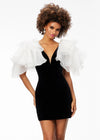 Black/white ASHLEYlauren 4529 fitted velvet cocktail dress featuring a V-neckline, V-back, multi-tiered organza ruffle details with scattered crystals, and contour seaming for a glamorous, curve-enhancing look.