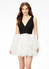 Black/white ASHLEYlauren 4546 A-line cocktail dress featuring a V-neckline, ruched bustier with scattered embellishments, and a layered ruffle tulle skirt for a sweet and statement-making look.