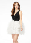 Black/white ASHLEYlauren 4546 A-line cocktail dress featuring a V-neckline, ruched bustier with scattered embellishments, and a layered ruffle tulle skirt for a sweet and statement-making look.