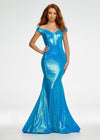 Blue ASHLEYlauren 11107 Off-Shoulder Sequin Gown with Criss-Cross Open Back, Fit & Flare Silhouette, and Horsehair Hem