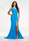 Blue ASHLEYlauren 11119 One-Shoulder Gown in Corset Fabric with Asymmetrical Lace-Up Back and Left Leg Slit