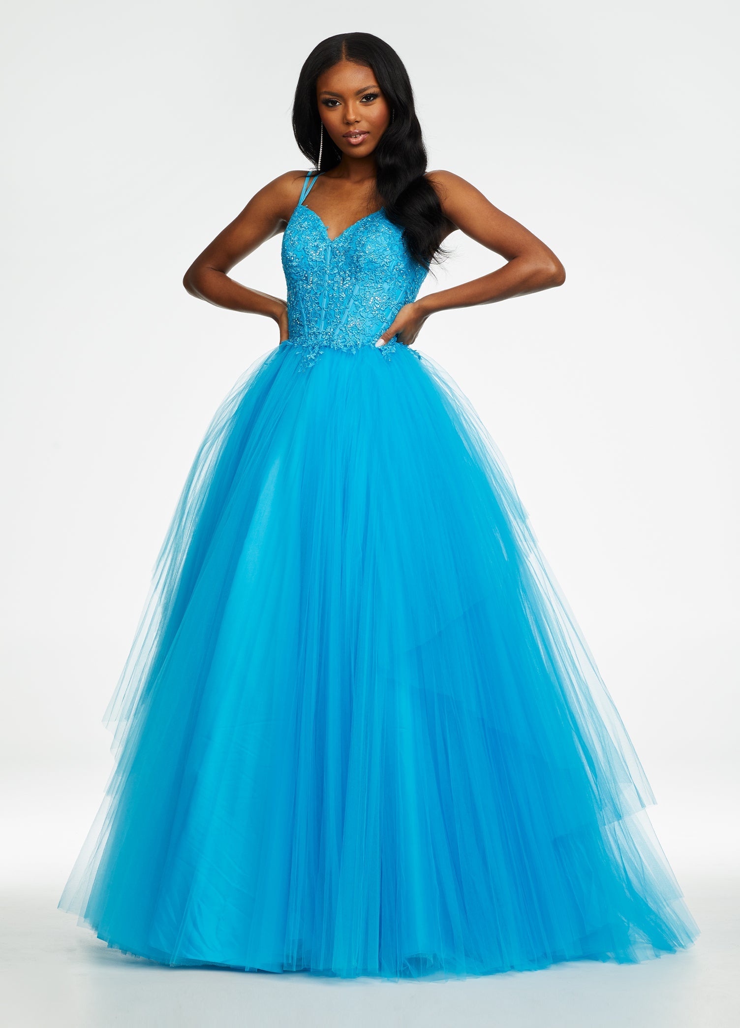 Blue ASHLEYlauren 11146 Pleated Tulle Ball Gown with Spaghetti Straps, Embroidered Lace Bustier, Heat Set Stones, and Lace-Up Back