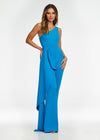 Blue ASHLEYlauren 11152 One-Shoulder Jumpsuit in Signature Corset Fabric with Cascading Side Ruffle and Exposed Industrial Zipper