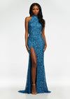 Blue ASHLEYlauren 11174 Fully Hand-Beaded Sequin Gown with Halter Neckline, Full Back, and Right Leg Slit