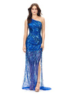 Blue ASHLEYlauren 11207 One-Shoulder Sequin Gown with Asymmetrical Wrap Bead Pattern, Illusion Cut-Out, Slit, and Sweep Train