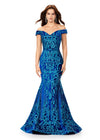 Blue ASHLEYlauren 11330 elegant off shoulder velvet sequin gown featuring a signature criss-cross back, a fitted silhouette, horsehair hem, and a sweep train for a sophisticated and glamorous look.
