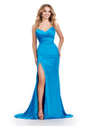 Blue ASHLEYlauren 11605 Timeless Strapless Satin Gown with Sweetheart Neckline, Ruched Detailing, Lace Up Back, and Right Leg Slit