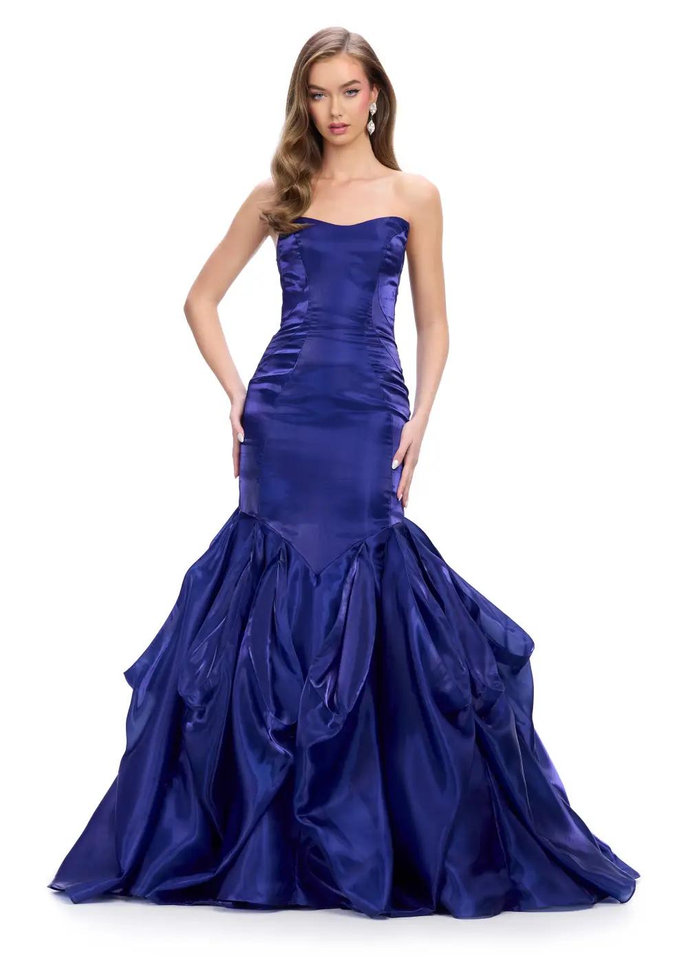 Blue ASHLEYlauren 11733 glamorous strapless gown featuring a sweetheart neckline, shiny organza fabric, fit and flare silhouette, and a dramatic ruffle mermaid skirt for an elegant and show-stopping look.