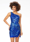 Blue ASHLEYlauren 4509 hand-beaded cocktail dress featuring a one shoulder neckline, illusion side cut-out, perfectly placed bead pattern to accentuate curves, a fitted skirt, and full zipper back for a glamorous and elegant look.