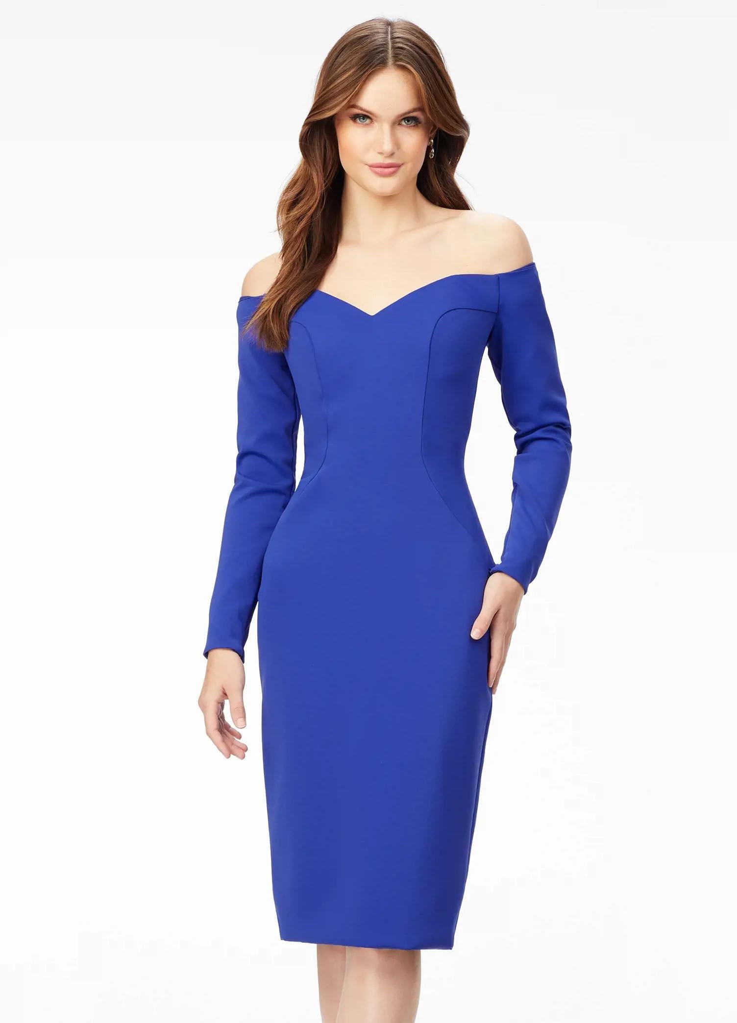 Blue ASHLEYlauren 4514 elegant off shoulder scuba gown featuring long sleeves, a tea-length fitted skirt, high back with exposed zipper, and back center vent for a sophisticated and timeless look.