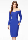 Blue ASHLEYlauren 4514 elegant off shoulder scuba gown featuring long sleeves, a tea-length fitted skirt, high back with exposed zipper, and back center vent for a sophisticated and timeless look.