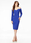 Blue ASHLEYlauren 4514 elegant off shoulder scuba gown featuring long sleeves, a tea-length fitted skirt, high back with exposed zipper, and back center vent for a sophisticated and timeless look.