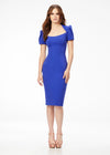 Blue ASHLEYlauren 4534 scuba cocktail dress featuring a modified square neckline, dramatic puff sleeves, fitted tea-length skirt, and full zipper back for a sophisticated and stylish look.