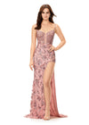 Blush ASHLEYlauren 11360 floral beaded gown featuring a corset bustier with plunging V-neckline, lace-up back, and a fitted skirt with a high left leg slit.