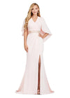 Blush ASHLEYlauren 11416 Elegant Crepe Gown with Ruched V-Neckline, Sparkling Beaded Belt, Modern Overlay, and Left Leg Slit