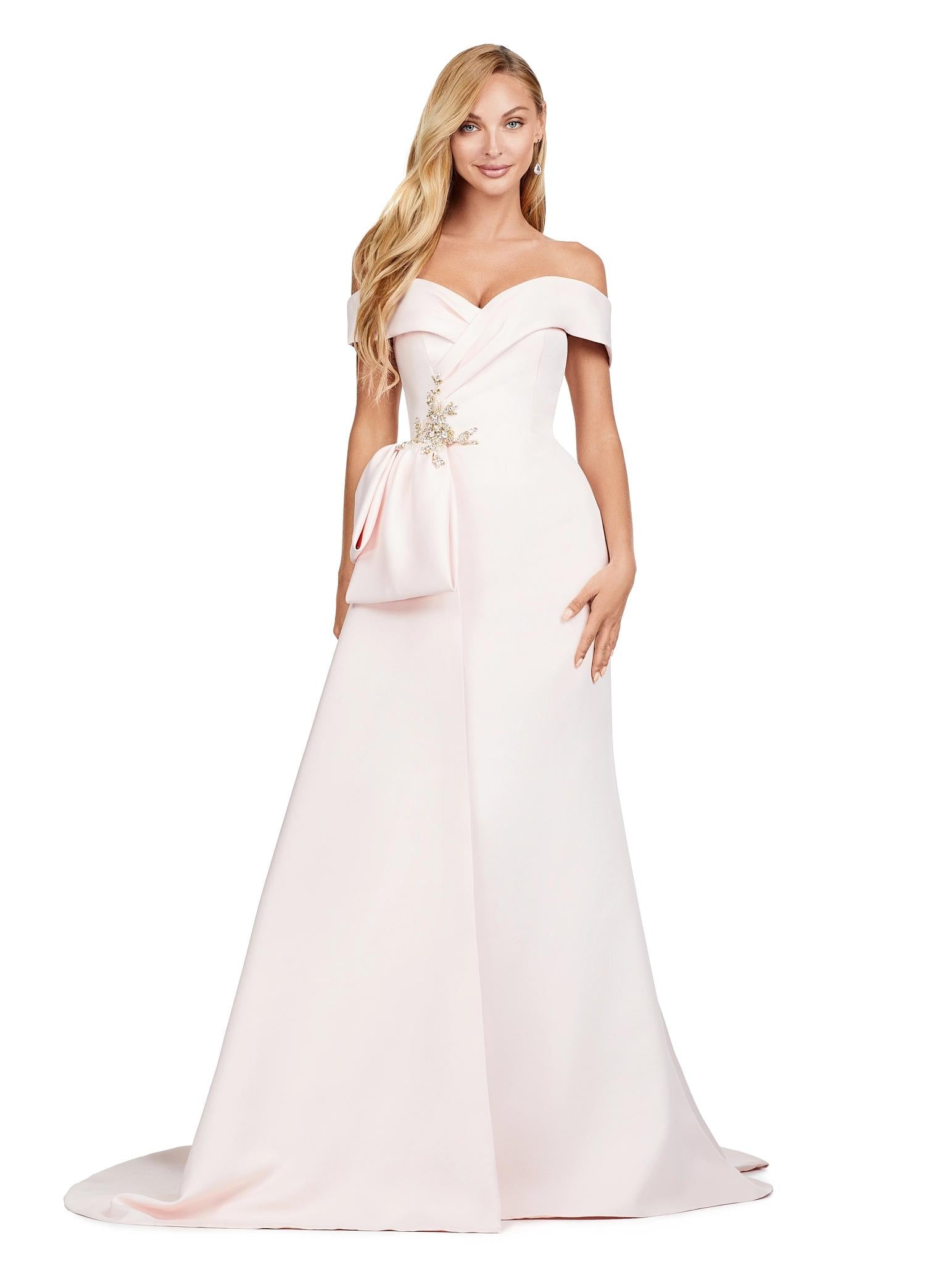 Blush ASHLEYlauren 11425 Elegant Off Shoulder Evening Gown in Double Faced Satin with Sparkling Beaded Accents and Flowing Side Overskirt