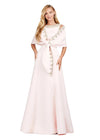 Blush ASHLEYlauren 11426 Elegant Double Faced Satin Gown with Crew Neckline, Crystal Embellishments, Subtle A-Line Skirt, and Detachable Beaded Shawl with Finger Loop