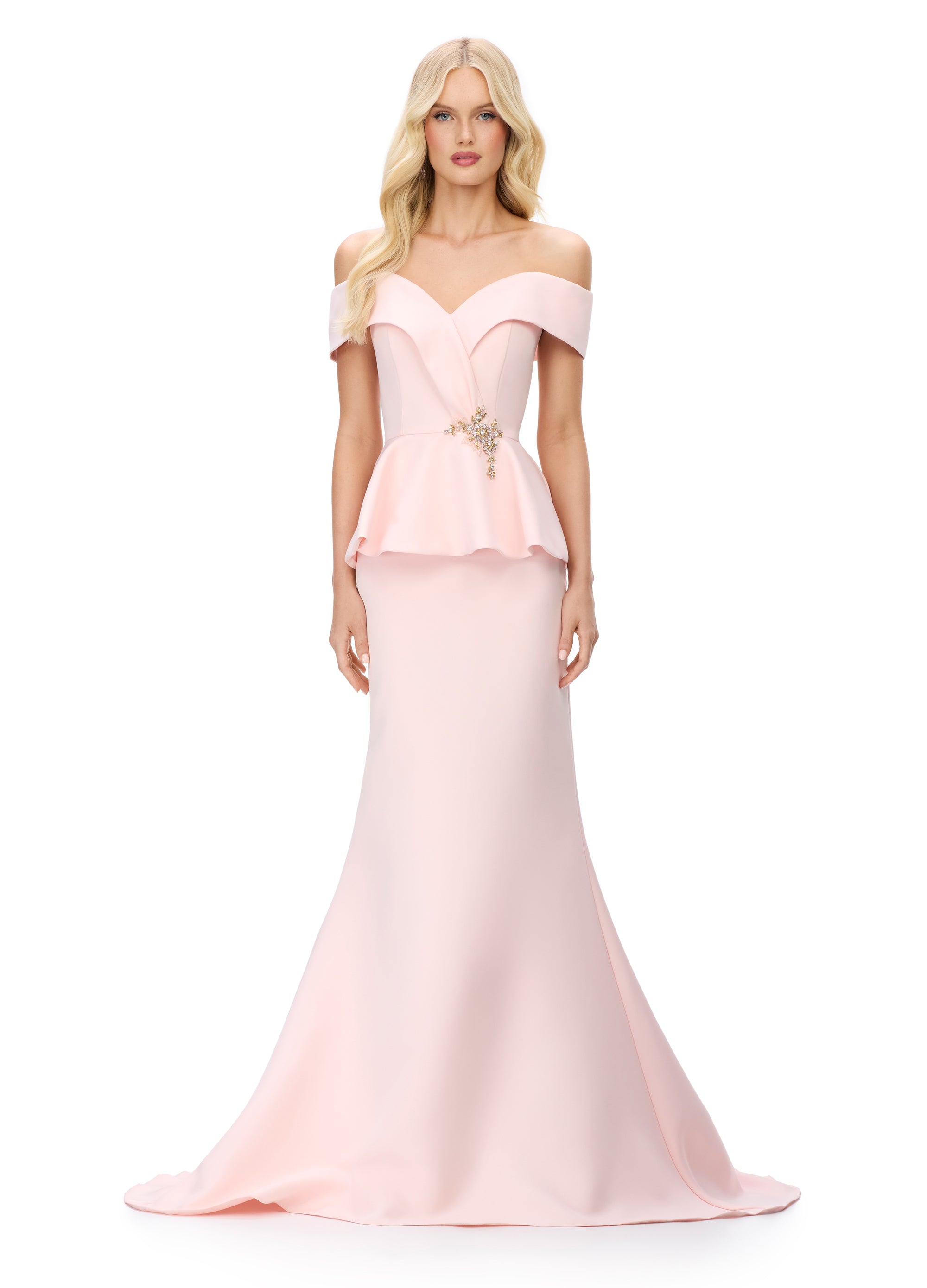 Blush ASHLEYlauren 11710 – A sophisticated satin gown featuring a draped off-shoulder neckline with ruffles and beaded details, finished with a flattering mermaid silhouette and peplum design. Perfect for any elegant event.