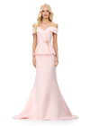 Blush ASHLEYlauren 11710 – A sophisticated satin gown featuring a draped off-shoulder neckline with ruffles and beaded details, finished with a flattering mermaid silhouette and peplum design. Perfect for any elegant event.