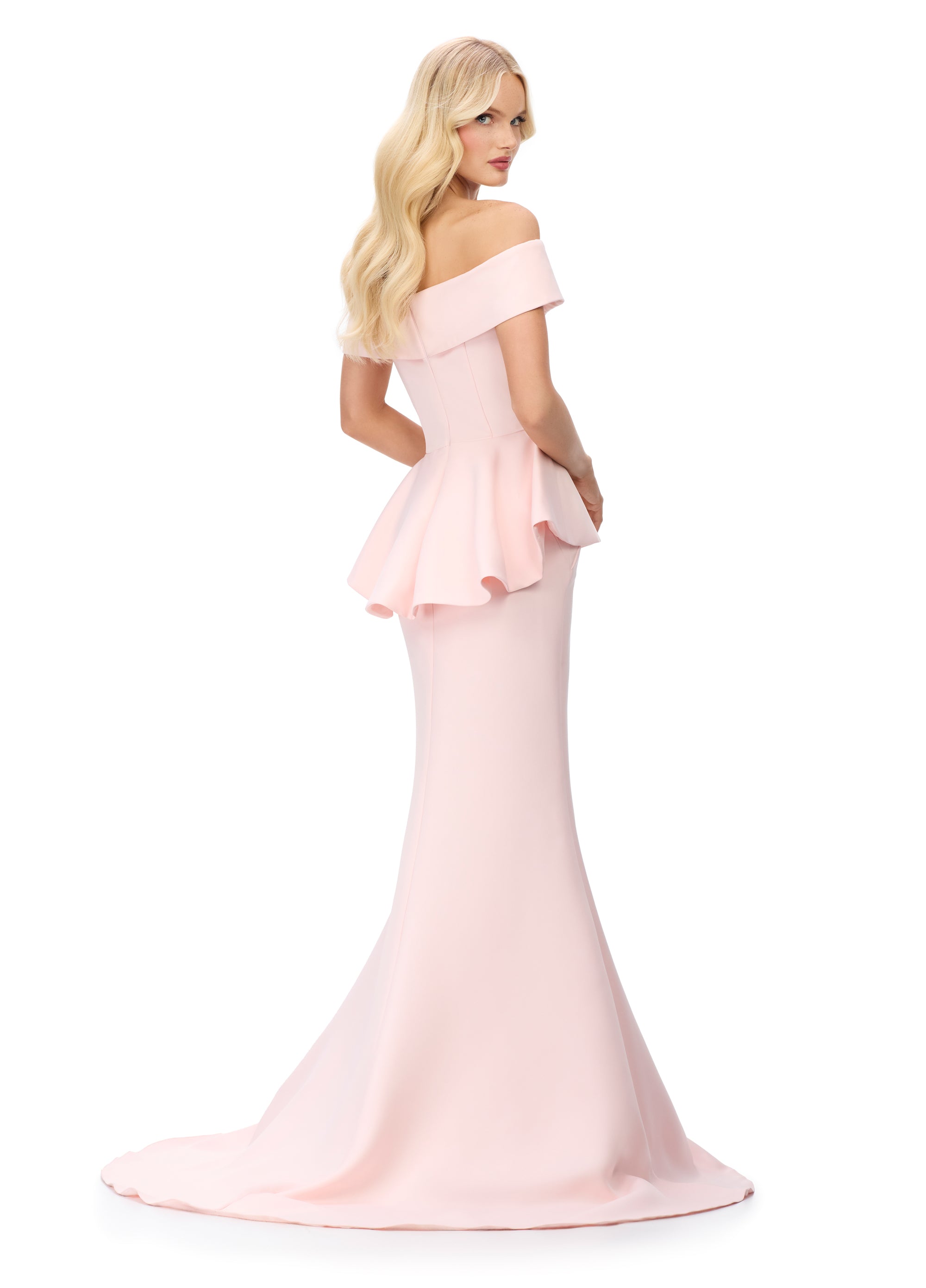 Back - Blush ASHLEYlauren 11710 – A sophisticated satin gown featuring a draped off-shoulder neckline with ruffles and beaded details, finished with a flattering mermaid silhouette and peplum design. Perfect for any elegant event.