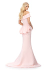 Back - Blush ASHLEYlauren 11710 – A sophisticated satin gown featuring a draped off-shoulder neckline with ruffles and beaded details, finished with a flattering mermaid silhouette and peplum design. Perfect for any elegant event.