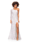 Blush/Ivory ASHLEYlauren 1977 fitted hand-beaded dress featuring a one shoulder long sleeve, left leg slit, and a horsehair hem for an elegant and sophisticated look.