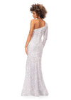 Blush/Ivory ASHLEYlauren 1977 fitted hand-beaded dress featuring a one shoulder long sleeve, left leg slit, and a horsehair hem for an elegant and sophisticated look. Back