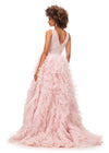 Back - Blush ASHLEYlauren 11233 – A majestic ball gown featuring a v-neckline, ruched bodice with beaded appliques, and a glitter tulle ruffle A-line skirt complete with a sweep train. Perfect for making a princess-worthy statement at any event.