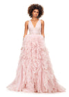 Blush ASHLEYlauren 11233 – A majestic ball gown featuring a v-neckline, ruched bodice with beaded appliques, and a glitter tulle ruffle A-line skirt complete with a sweep train. Perfect for making a princess-worthy statement at any event.