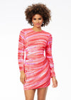 Bright Pink ASHLEYlauren 4508 glamorous hand-beaded gown featuring a high crew neckline, long sleeves, contoured striping for a flattering silhouette, and an asymmetrical sequin skirt for an elegant finish.